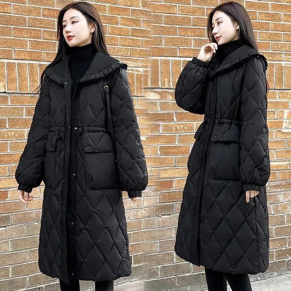 Damen Trenchcoats 2024 Herbst Winter Schlanke Taille Baumwollmantel Für Frauen Kleidung Lässige Schwarze Puppe Hals Diamant Karierte Parkas Jacken 03