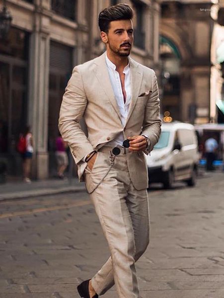 Ternos masculinos 2024 linho bege 2 peças para o verão blazer hombre casual masculino praia casamento italiano jaqueta calças define noivo smoking