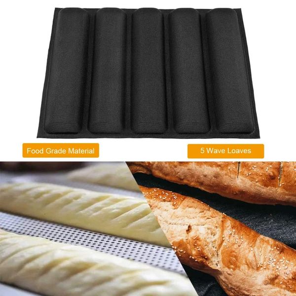 Teglia da forno antiaderente in silicone da 12 pollici, teglia da forno francese, 5 fodere per stampi per baguette, rotoli da forno, tappetino perforato 240226