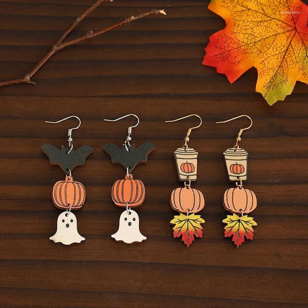 Brincos de parafuso prisioneiro Halloween Ghost Pumpkin Bat Dangle Feriado Gota de madeira Senhoras Jóias Acessórios de moda