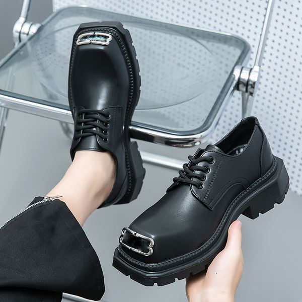 Schwarze Derby-Schuhe mit dicker Sohle und quadratischer Zehenpartie für Herren, PU, einfarbig, zum Schnüren, für den täglichen Gebrauch, Party, Business, Abendschuhe