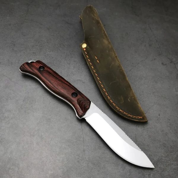 Coltello tattico da caccia da campeggio a lama fissa S30V Manico in legno stabilizzato con punto di caduta Fodero in pelle - 15002 Coltello corto EDC da sopravvivenza all'aperto