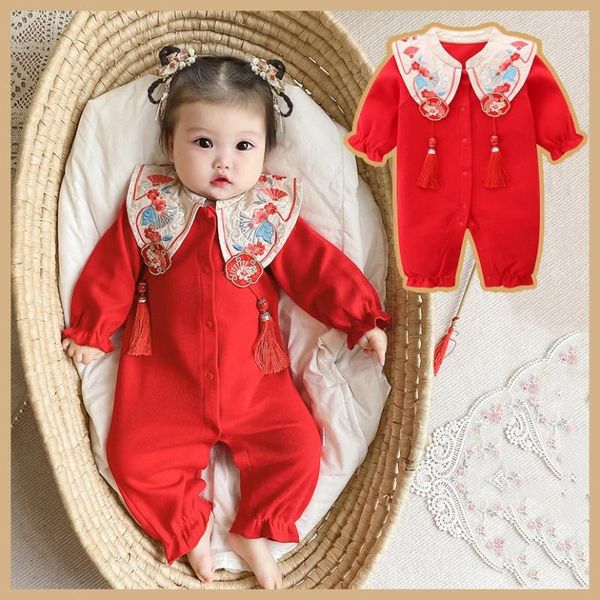 Abbigliamento etnico 2024 Pagliaccetto tradizionale cinese per bambini piccoli Ricamo rosso Hanfu Vestito per ragazze