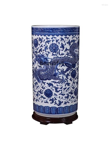 Vasi Pittura In Ceramica E Calligrafia Cilindro Scorrimento Blu Bianco Porcellana Grande Vaso Porta Studio Decorazione