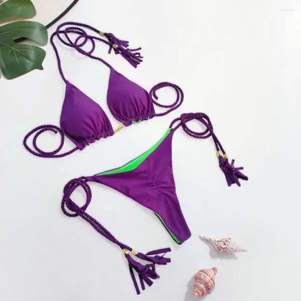 Mulheres Swimwear Stretchy Mulheres Swimsuit Elegante Conjuntos de Biquíni com Borlas Lace-up Briefs para Verão Beachwear Backless Triângulo