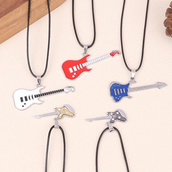 Anhänger Halsketten 1PC Mode Männer Frauen Edelstahl Gitarre Leder Halskette Schmuck Geschenk