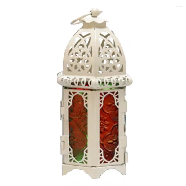 Portacandele Regalo per la casa vintage Salvaspazio in stile marocchino Ferro Vetro Lanterna Lampada Decorazione Supporto leggero per interni