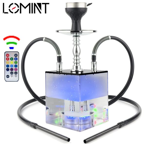 Conjunto de narguilé quadrado acrílico 2 Mangueiras Caixa Shisha Completa com bom RGB Light Light Stainless Aço Tobacco Heater Chicha Nargile 42cm 240220