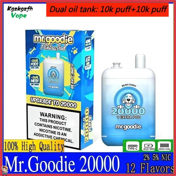 Orijinal Mr.Goodie 20000 Puf Teslim Edilebilir Vape Kalem 650mAh 20ml+20ml Çift Yağ Pods 10K Puflar+10K Puflar Önceden doldurulmuş 12 lezzet C Tip-C Çift Tank Çift Örgü E-Cigs