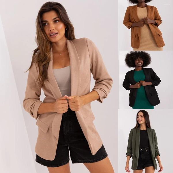 Ternos femininos moda lapela cardigan cor sólida manga cortada camurça terno jaqueta