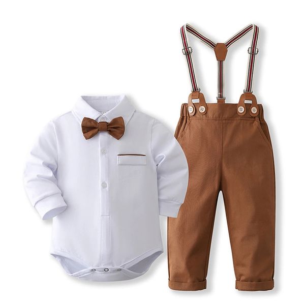 Formal cavalheiro conjunto de pano para bebê infantil sólido macacão terno menino primeiro aniversário traje 0-24 mês criança algodão crianças outfit 240228