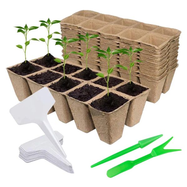 Kits 15pcs Bandejas de mudas de jardim Biodegradáveis Vasos de turfa Bandeja inicial de sementes Pote de berçário de plantas com etiquetas de plantas Marcador Suprimentos de jardim