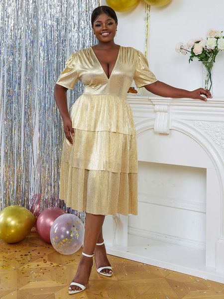 Plus Size Kleider Damen Sommer Gold Kuchenkleid Ballkleider Sexy Tiefer V-Ausschnitt Kurze Ärmel Empire Glänzend Geburtstag Hochzeit Event Outfits