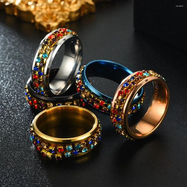 Anelli a grappolo Megin D in acciaio inossidabile pietra colorata zircone di lusso vintage Boho spinning per donne uomini coppie amici regalo gioielli di moda