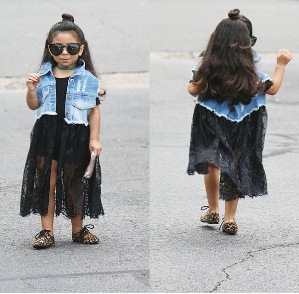 Brand New Fashion Autunno Baby Denim Girl Dress Ragazza Abito in pizzo con cappotto da cowboy Gonna in pizzo da 3T a 8T8498467