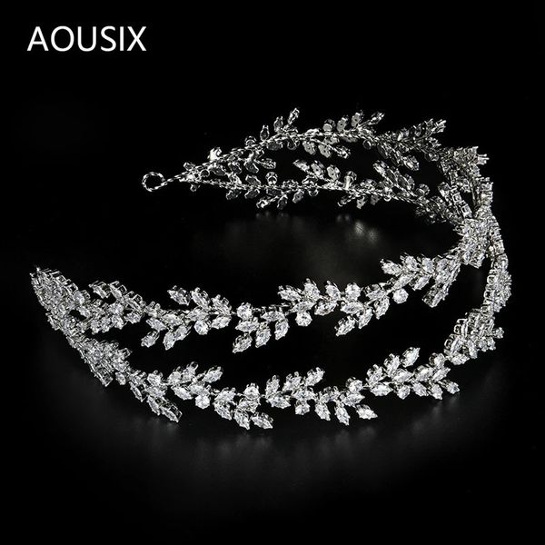 Fasce Doppio strato Foglie Zirconia Tiara Colore argento Fascia per capelli Royal Bridal Wedding Dressing Corona Accessorio gioielli 240301