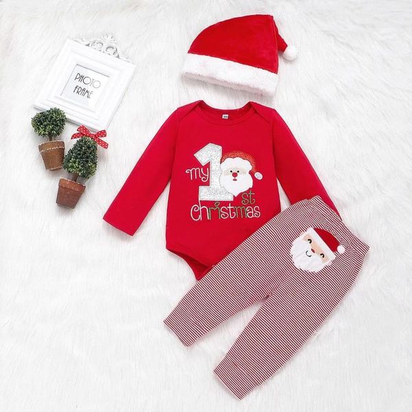 Set di abbigliamento 2024 Natale neonate 3 pezzi Set di vestiti in cotone a maniche lunghe con adesivi pagliaccetti a righe pantaloni cappello completo da bambino