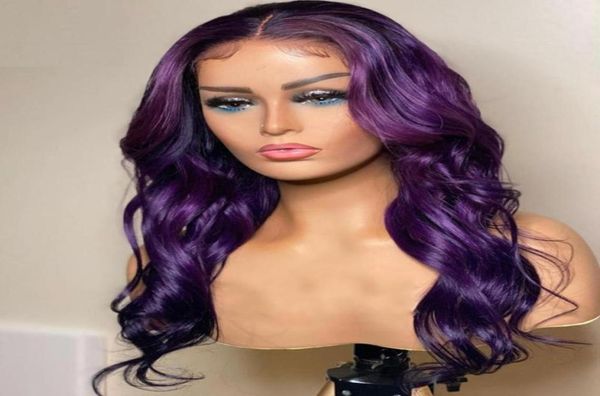 Perucas sintéticas onda do corpo longo mais escuro roxo peruca dianteira do laço com cabelo do bebê linha fina natural resistente ao calor para preto women37159548115551