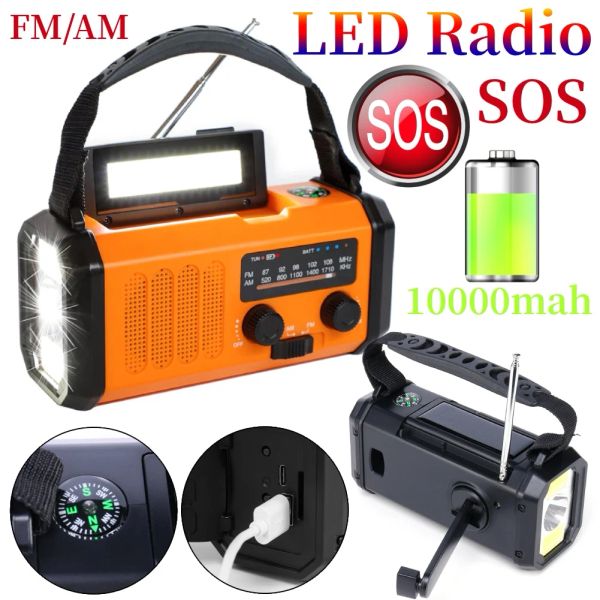 Rádio recarregável portátil rádio fm am solar carga manual manivela rádio sos emergência lanterna led 10000mah fonte de alimentação do telefone móvel