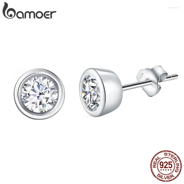 Orecchini a bottone Bamoer in argento sterling 925 con castone scintillante con zirconi per regalo di gioielleria di fidanzamento per donne