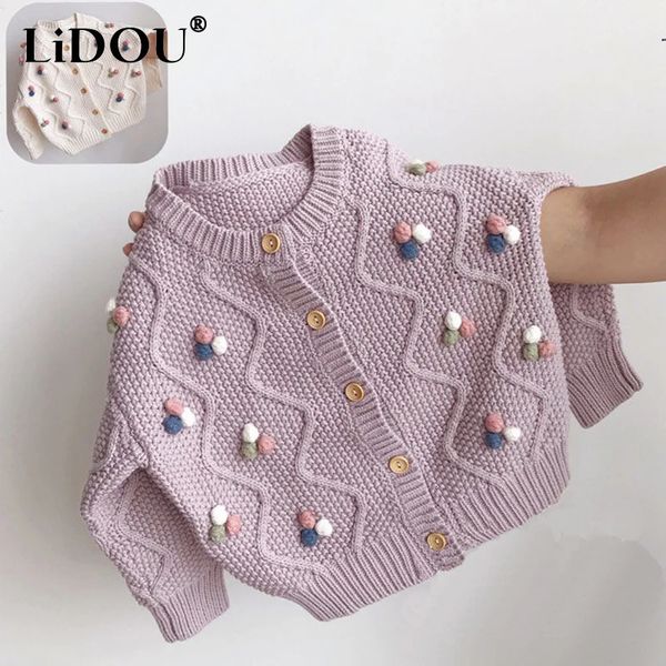 Primavera outono cor sólida coreano doce kawaii meninas camisola cardigan único breasted roxo topos bonito todos os jogos crianças roupas 240223