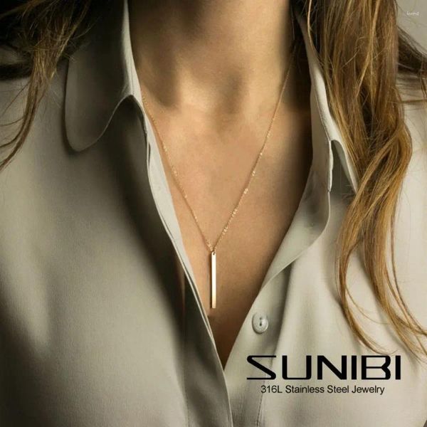 Colares de pingente Sunibi 316L colar de aço inoxidável para mulheres banhado a ouro suéter cadeia longa barra moda jóias atacado