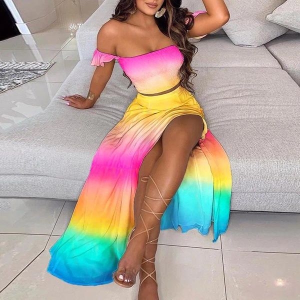 Vestidos de festa sexy mulheres 2024 conjunto de duas peças manga curta fora do ombro colheita topos feminino senhora roupas verão casual split longo