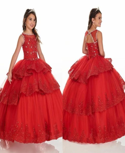 Rotes dreilagiges Ballkleid mit Rüschen, Mini-Quinceanera-Kleider, Festzug für Mädchen, Spitze, Perlen, Schnürung, Juwel, Blumenmädchenkleid, Party, Graduati2630298