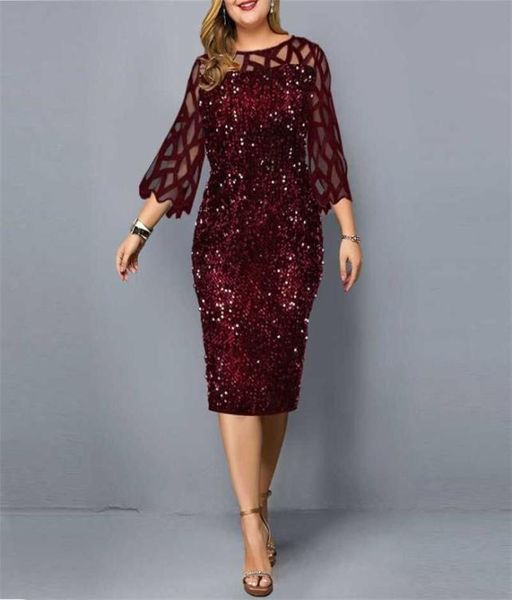 Partykleid Plus Size Damen Midi Pailletten Mesh Langarm Spitze Elegant Figurbetont XL4XL 5XL Abendkleider Frau Sommer 2110282200697