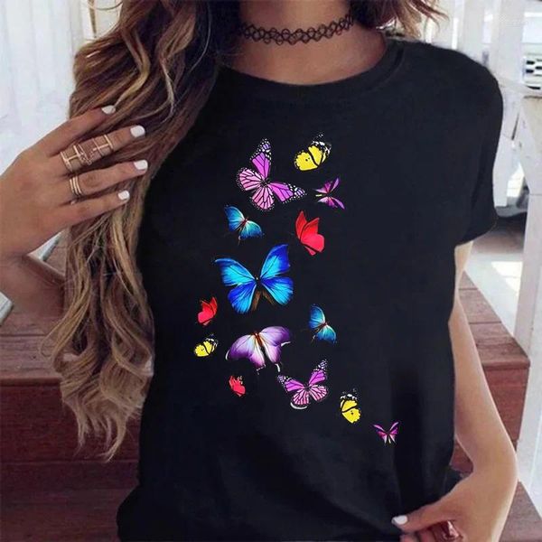 Mulheres Camisetas Linda Borboleta Impressão 90s Camisa Bonito Mulheres Tendência Casual Moda Imprimir Roupas Femininas Tops Tees Camiseta Preta