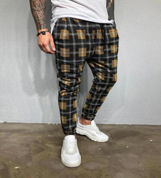 Streetwear amarelo xadrez calças dos homens corredores 2020 homem casual em linha reta harem calças dos homens coreano hip hop pista mais size9620722