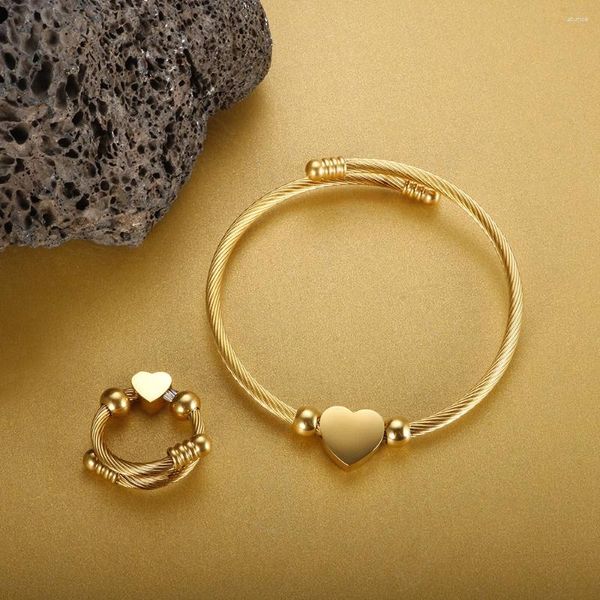 Colar brincos conjunto de aço inoxidável cor ouro torcido fio pulseira manguito amor coração anel pulseiras para festa feminina jóias diárias