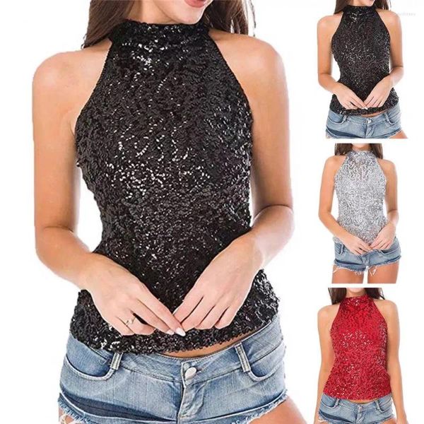 Blusas femininas mulheres slim-fitting top lantejoulas cintilantes halter pescoço tanque para fora do ombro clube dança colete com ajuste fino