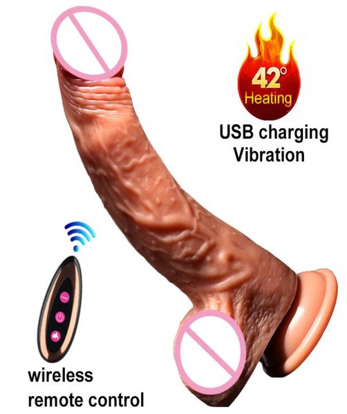 Drahtloser Dildo, realistischer Dildo-Vibrator, elektrische Heizung, vibrierender großer riesiger Penis, G-Punkt, Sexspielzeug für Frauen, USB wiederaufladbar, Y1915588431