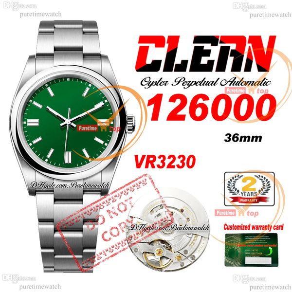 126000 VR3230 Relógio automático unissex Mens Womens Relógios Clean CF 36mm Green Stick Dial 904L Pulseira de aço inoxidável Super Edition Mesma série Cartão Puretimewatch