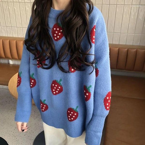 Kadın Sweaters Sonbahar Kış Kadınlar Sıradan Külot Kazak Koreli Taze Çilek Nakış Örme Jumper Sevimli Kawaii Tops