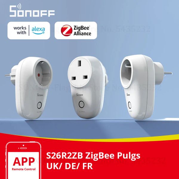 Управление SONOFF S26R2ZB Розетки ZigBee Вилка для умного дома 16A UK/DE/FR Голосовой переключатель дистанционного управления Работает с SONOFFZBBridge Alexa