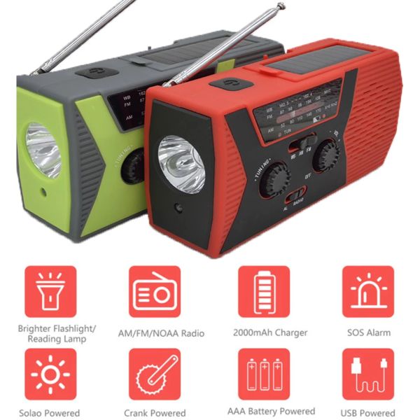 Rádio portátil de emergência solar manivela rádio am/fm noaa tempo lâmpada leitura 2000mah banco potência para acampamento caça