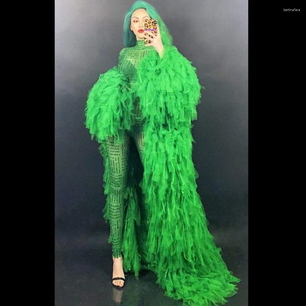 Abbigliamento da palco Verde brillante strass Manica lunga Collo alto Piume Cappotto Sesso Donna Tute Sfilata di moda Costumi da discoteca