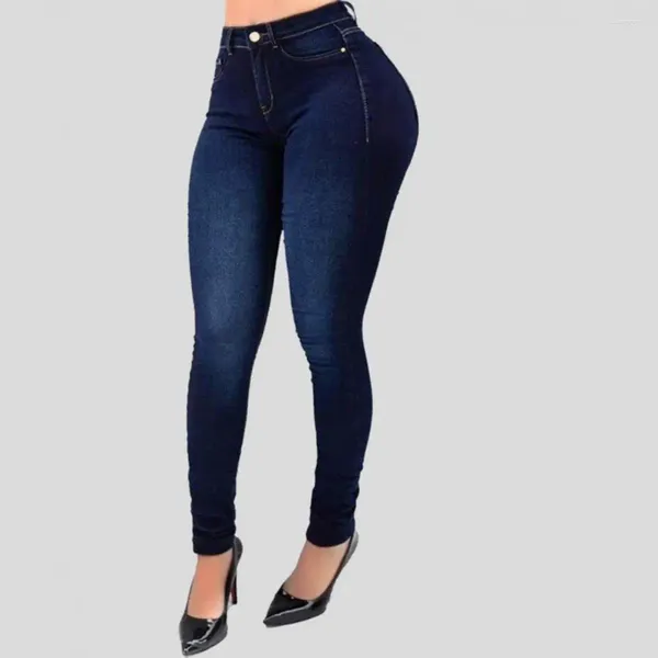 Calças jeans femininas botão zíper fino ajuste denim calças cor gradiente cintura alta calças levantadas bunda emagrecimento elástico macio para senhora