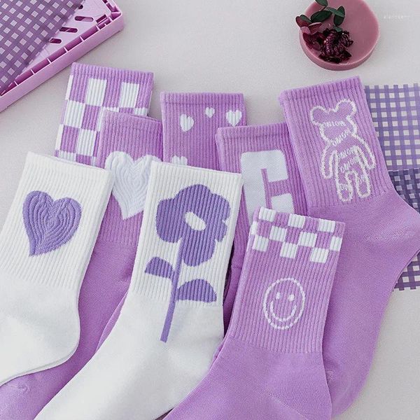 Damensocken Lila/Weiß Big Love Flower Gitter Süßes Mädchen Mid-Tube Kawaii Student Sport JK Lolita Einfach Modisch