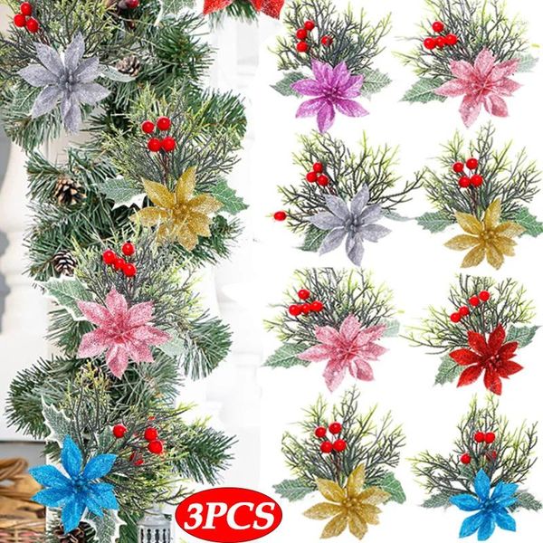 Fiori decorativi 3/1 Pz 14 cm Glitter di Natale Fiore artificiale finto con steli Clip Ornamenti per l'albero di Natale Navidad Year Party Decor