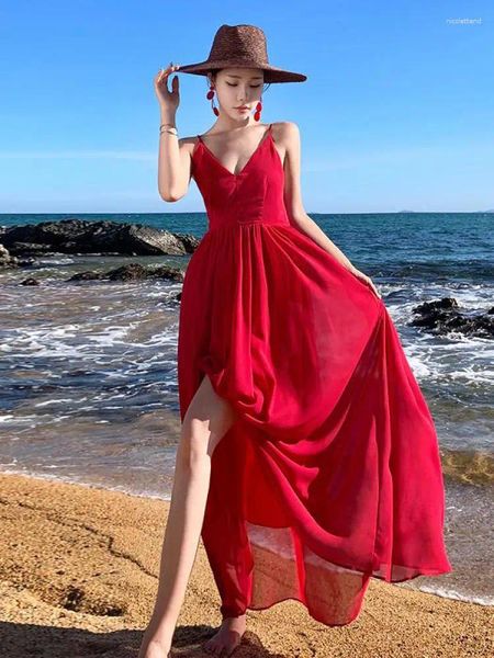 Vestidos casuais verão vermelho elegante v pescoço feriado aniversário festa de noite bandagem deslizamento vestido longo mulheres sem mangas sem costas plissado retro