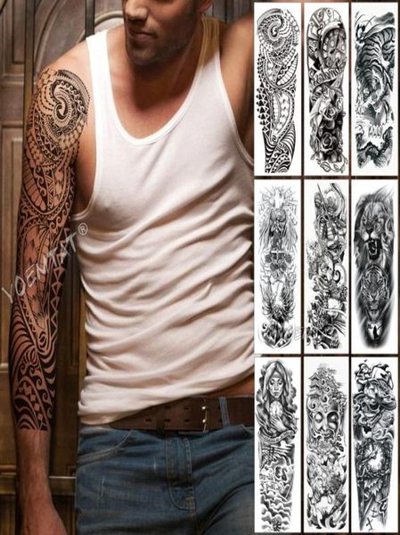 Große Armmanschette Tattoo Maori Power Totem Wasserdicht Temporäre Tätowierung Aufkleber Krieger Samurai Engel Schädel Männer Voll Schwarz Tatoo T203609235