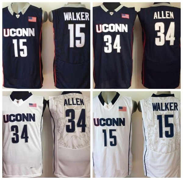 Maglie vintage Uconn Huskies 15 Kemba Walker 34 Ray Allen College Basketball Camicie blu bianche da uomo cucite9046398