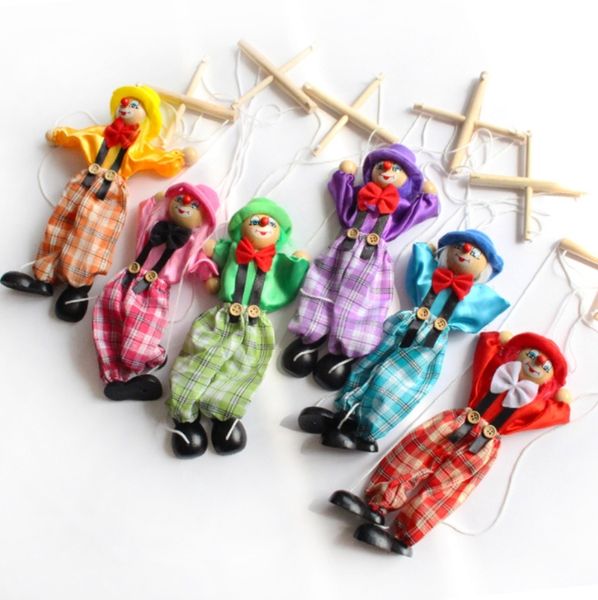25 cm Lustige Party Vintage Bunte Zugschnur Puppe Clown Holz Marionette Handwerk Gemeinsame Aktivität Puppe Kinder Kinder Geschenke Großhandel