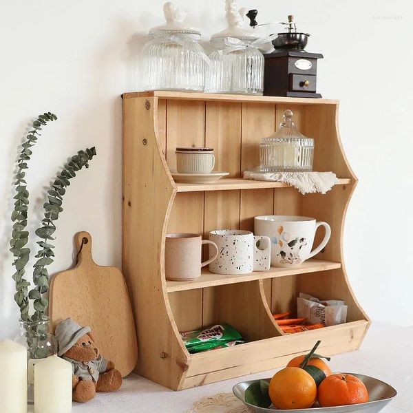 Portabicchieri da cucina vintage con montaggio a parete, portabicchieri ondulati a 3 strati, armadietto in colore naturale, organizer da scrivania per cosmetici e caffè