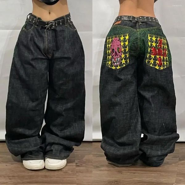 Jeans da donna Y2K Harajuku Hip Hop Street modello teschio ricamo Baggy Trend vita alta denim uomo donna pantaloni a gamba larga