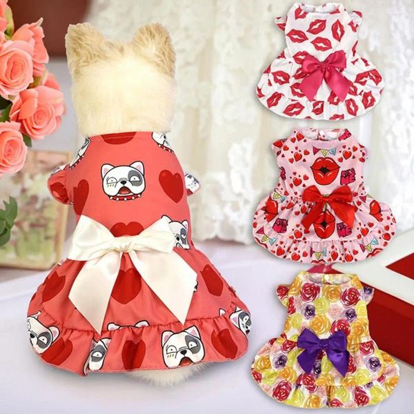 Abbigliamento per cani Abito per animali domestici con decorazione a fiocco Gonne da principessa decorate affascinanti Abiti per gatti Stampa di cartoni animati Confortevole ed elegante