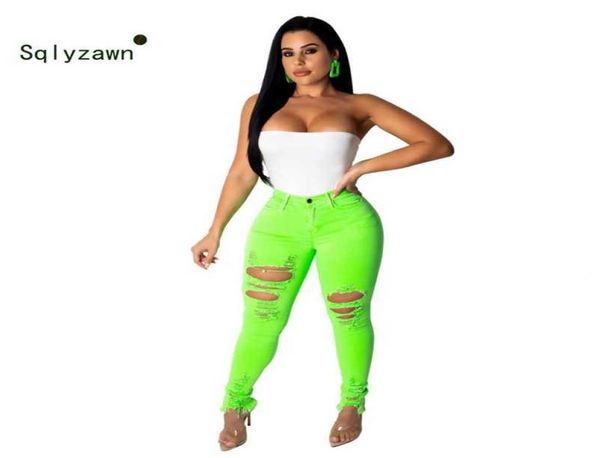 XXL Neon Verde Arancione Sexy Jeans a vita alta Pantaloni Donna Elastico Fori Pantaloni in denim casual Streetwear Pantaloni a matita taglie forti LJ27857147